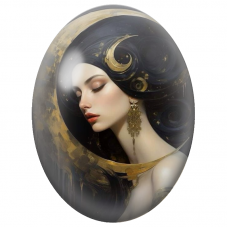 Cabochon en Verre Illustré Femme à la Chevelure Noire et Lune Dorée pour la Création de Bijoux Fantaisie - DIY