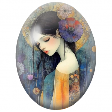 Cabochon en Verre Illustré Femme à la Fleur Violette et Halo Doré pour la Création de Bijoux Fantaisie - DIY