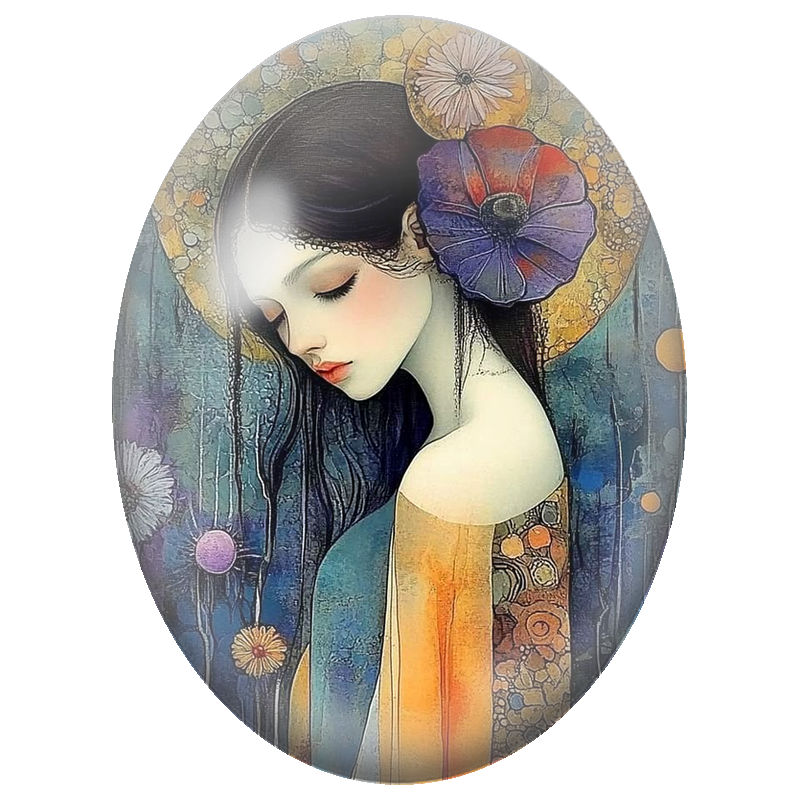 Cabochon en Verre Illustré Femme à la Fleur Violette et Halo Doré 13x18, 18x25 ou 30x40mm