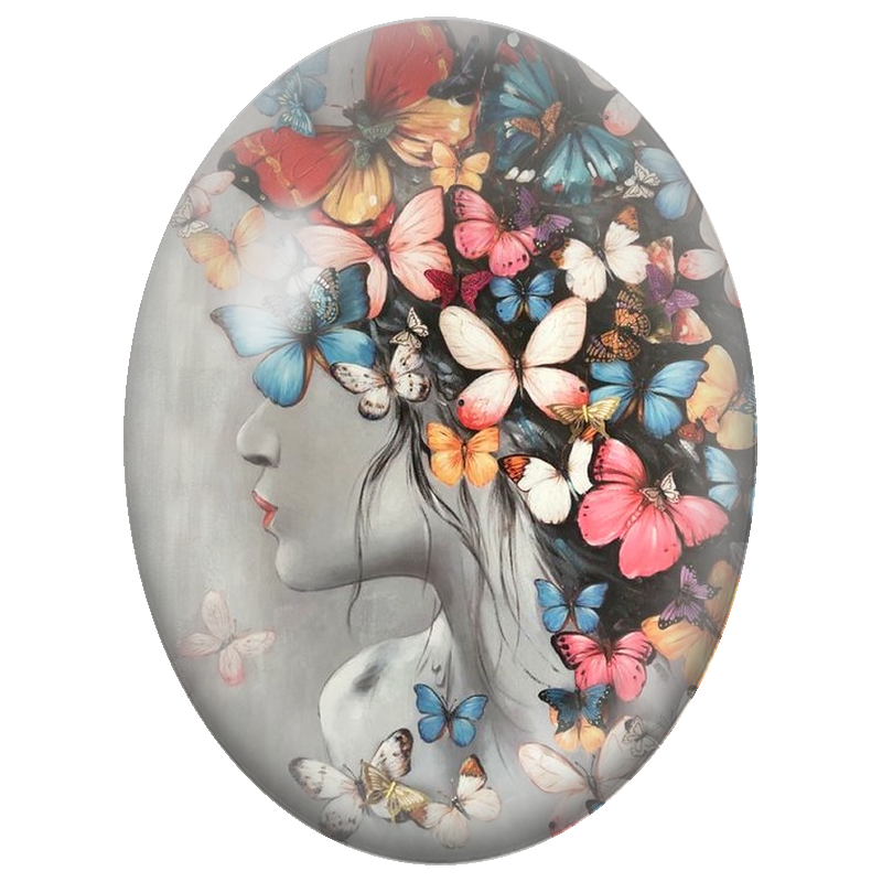 Cabochon en Verre Illustré Femme à la Chevelure de Papillons Colorés 13x18, 18x25 ou 30x40mm