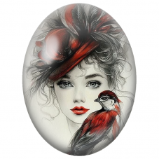 Cabochon en Verre Illustré Femme au Chapeau Rouge et Oiseau pour la Création de Bijoux Fantaisie - DIY
