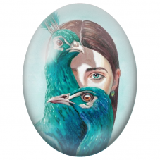 Cabochon en Verre Illustré Femme Cachée derrière Deux Paons Turquoise pour la Création de Bijoux Fantaisie - DIY