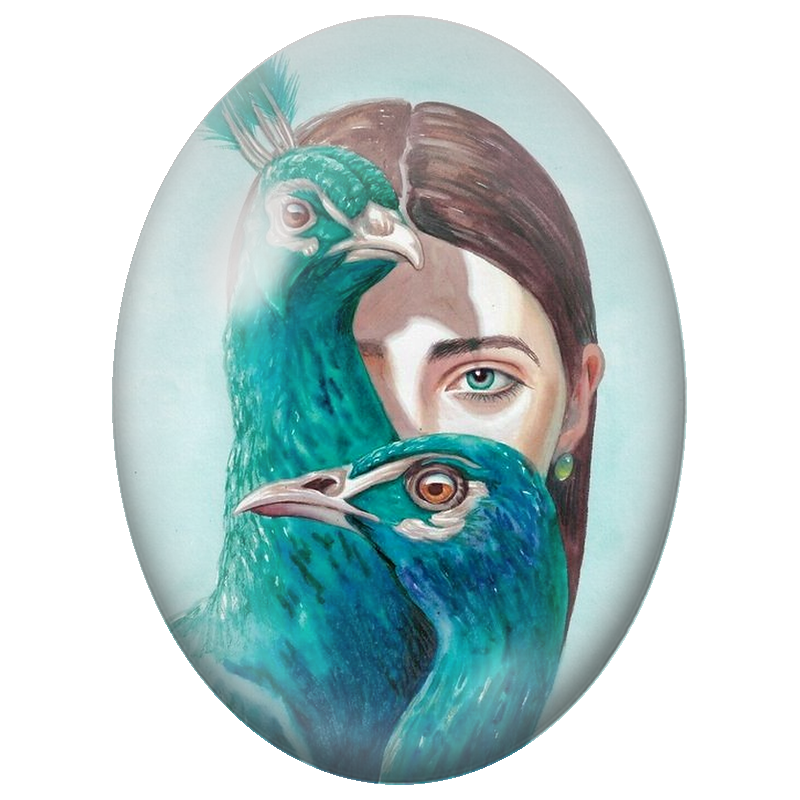 Cabochon en Verre Illustré Femme Cachée derrière Deux Paons Turquoise 13x18, 18x25 ou 30x40mm