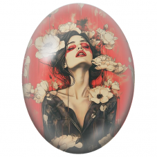 Cabochon en Verre Illustré Femme aux Fleurs Ivoire sur Fond Rouge pour la Création de Bijoux Fantaisie - DIY