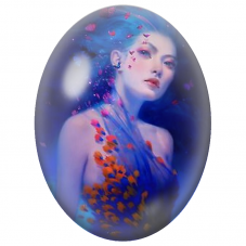 Cabochon en Verre Illustré Femme aux Cheveux Bleus et Fleurs Orange pour la Création de Bijoux Fantaisie - DIY
