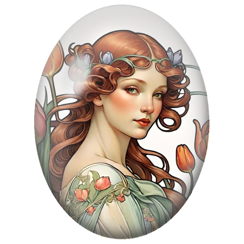 Cabochon en Verre Illustré Femme Art Nouveau aux Tulipes Orange 13x18, 18x25 ou 30x40mm