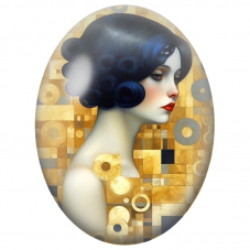 Cabochon en Verre Illustré Femme aux Boucles Bleu Nuit et Mosaïque Dorée pour la Création de Bijoux Fantaisie - DIY