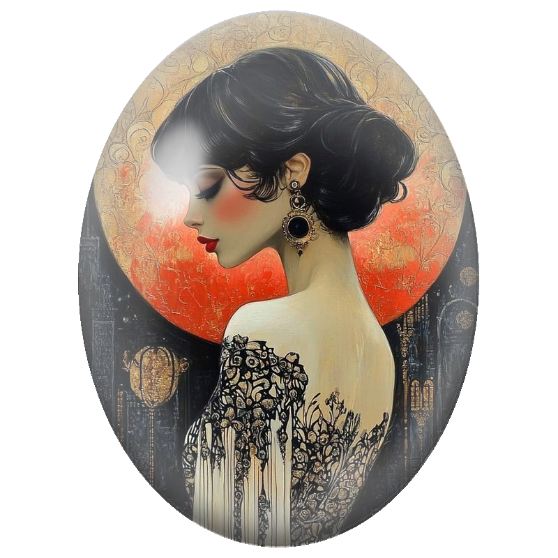 Cabochon en Verre Illustré Élégante en Dentelle devant le Soleil Rouge 13x18, 18x25 ou 30x40mm