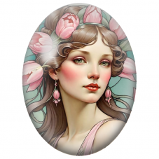 Cabochon en Verre Illustré Femme Art Nouveau aux Tulipes Roses pour la Création de Bijoux Fantaisie - DIY