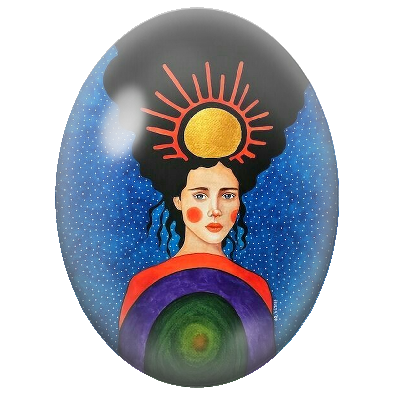 Cabochon en Verre Illustré Femme à la Coiffure Solaire 13x18, 18x25 ou 30x40mm