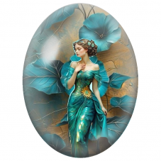 Cabochon en Verre Illustré Femme à la Robe Turquoise et Fleurs Géantes pour la Création de Bijoux Fantaisie - DIY
