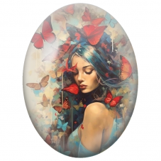 Cabochon en Verre Illustré Femme aux Cheveux Bleus et Papillons Rouges pour la Création de Bijoux Fantaisie - DIY