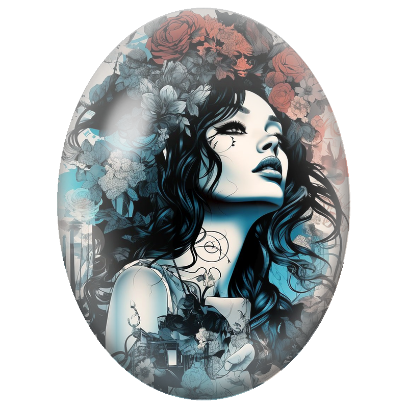 Cabochon en Verre Illustré Femme Bleue à la Couronne de Roses 13x18, 18x25 ou 30x40mm