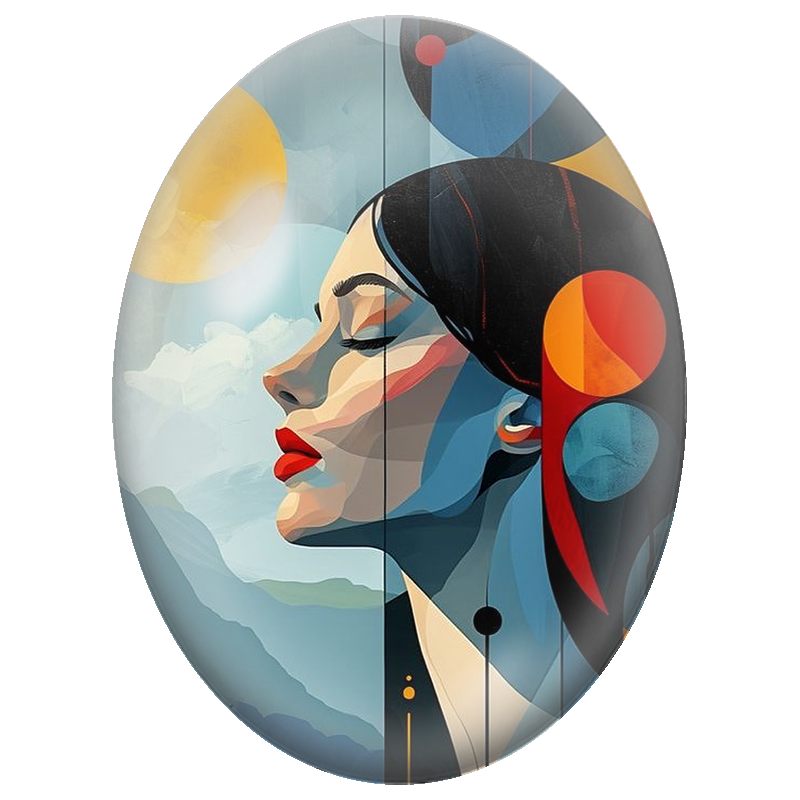 Cabochon en Verre Illustré Femme Géométrique face aux Montagnes 13x18, 18x25 ou 30x40mm