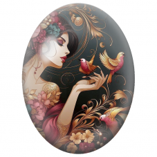 Cabochon en Verre Illustré Femme aux Oiseaux Roses et Dorés pour la Création de Bijoux Fantaisie - DIY