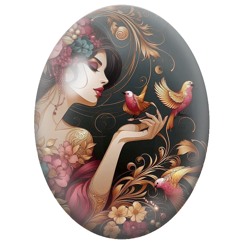 Cabochon en Verre Illustré Femme aux Oiseaux Roses et Dorés 13x18, 18x25 ou 30x40mm