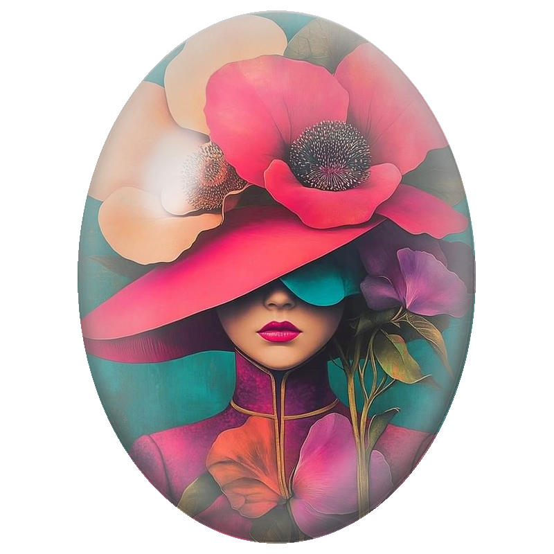 Cabochon en Verre Illustré Élégante au Chapeau de Fleurs Géantes 13x18, 18x25 ou 30x40mm