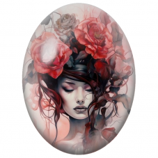 Cabochon en Verre Illustré Femme aux Roses Rouges en Aquarelle pour la Création de Bijoux Fantaisie - DIY