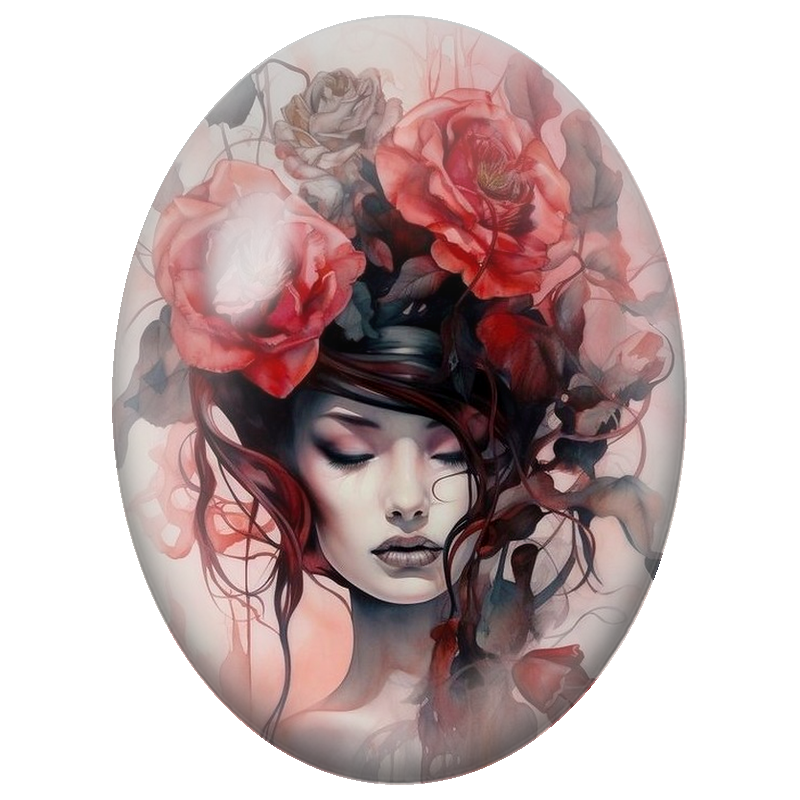 Cabochon en Verre Illustré Femme aux Roses Rouges en Aquarelle 13x18, 18x25 ou 30x40mm