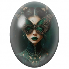 Cabochon en Verre Illustré Femme Gothique au Masque Papillon Vert pour la Création de Bijoux Fantaisie - DIY