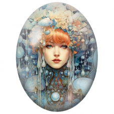Cabochon en Verre Illustré Femme Rousse aux Perles Bleues pour la Création de Bijoux Fantaisie - DIY