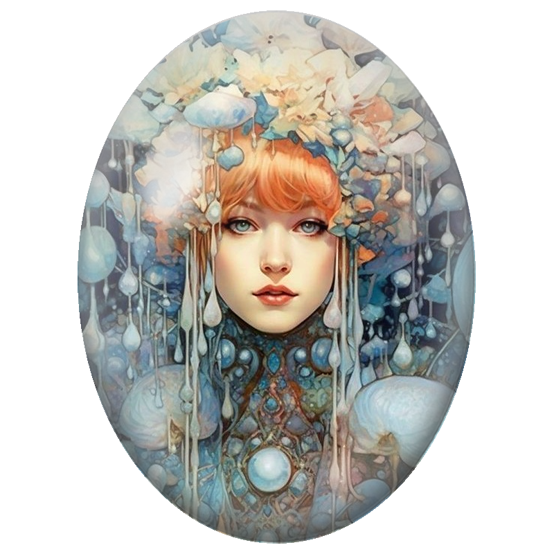 Cabochon en Verre Illustré Femme Rousse aux Perles Bleues 13x18, 18x25 ou 30x40mm