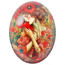 Cabochon en Verre Illustré Femme aux Coquelicots et Volutes Colorées pour la Création de Bijoux Fantaisie - DIY