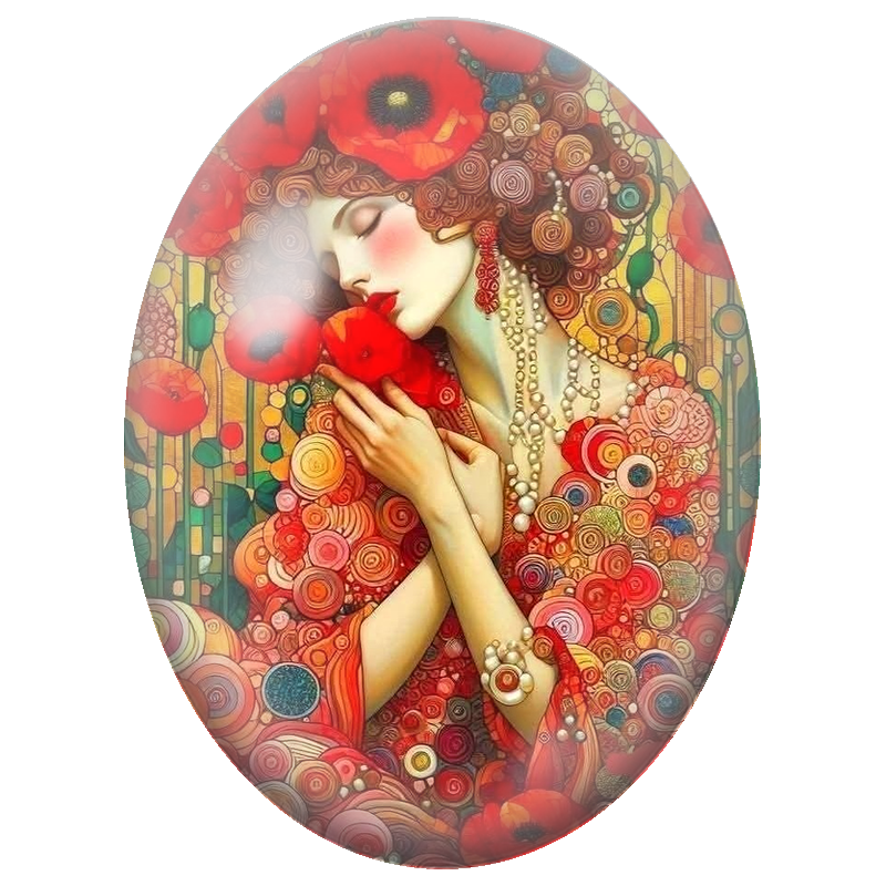 Cabochon en Verre Illustré Femme aux Coquelicots et Volutes Colorées 13x18, 18x25 ou 30x40mm