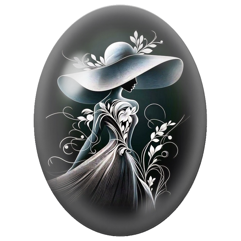 Cabochon en Verre Illustré Élégante au Grand Chapeau Blanc 13x18, 18x25 ou 30x40mm