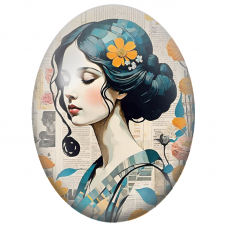 Cabochon en Verre Illustré Femme au Chignon Bleu et Fleurs Orange pour la Création de Bijoux Fantaisie - DIY