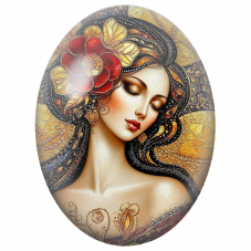 Cabochon en Verre Illustré Femme à la Fleur Rouge et Parure d’Or pour la Création de Bijoux Fantaisie - DIY