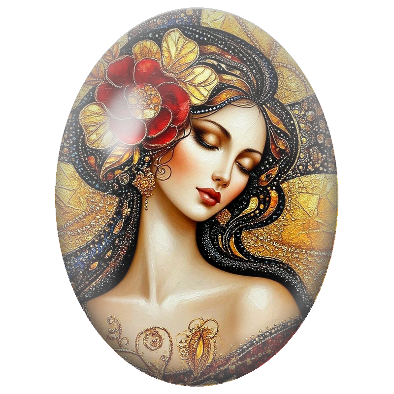 Cabochon en Verre Illustré Femme à la Fleur Rouge et Parure d’Or 13x18, 18x25 ou 30x40mm