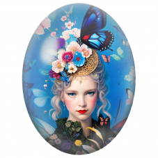 Cabochon en Verre Illustré Reine aux Papillons Bleus et Fleurs Colorées pour la Création de Bijoux Fantaisie - DIY