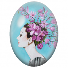 Cabochon en Verre Illustré Femme aux Magnolias Roses sur Fond Turquoise pour la Création de Bijoux Fantaisie - DIY