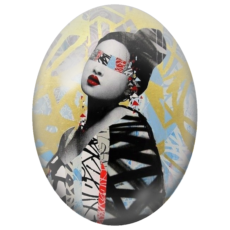 Cabochon en Verre Illustré Femme aux Yeux Bandés façon Street Art 13x18, 18x25 ou 30x40mm