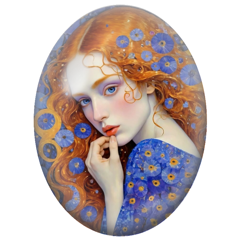 Cabochon en Verre Illustré Femme Rousse aux Fleurs Bleues 13x18, 18x25 ou 30x40mm