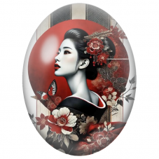 Cabochon en Verre Illustré Geisha Rouge et Noire au Papillon pour la Création de Bijoux Fantaisie - DIY