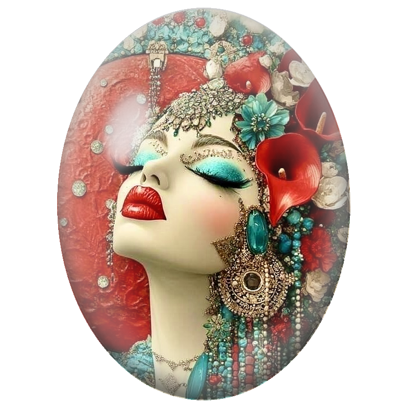 Cabochon en Verre Illustré Femme aux Arums Rouges et Bijoux Turquoise 13x18, 18x25 ou 30x40mm