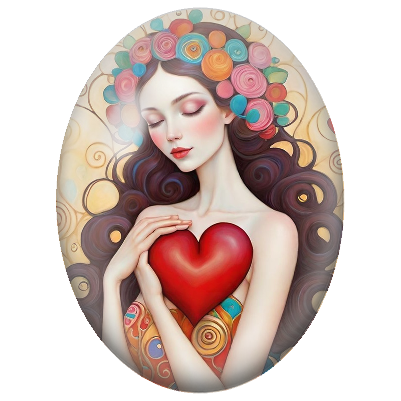 Cabochon en Verre Illustré Femme au Grand Cœur Rouge et Couronne Colorée 13x18, 18x25 ou 30x40mm