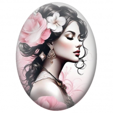 Cabochon en Verre Illustré Femme Brune aux Grandes Fleurs Roses pour la Création de Bijoux Fantaisie - DIY