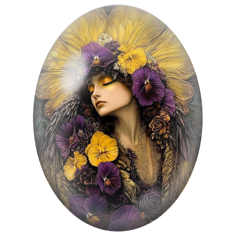Cabochon en Verre Illustré Fée aux Ailes Dorées et Pensées Violettes 13x18, 18x25 ou 30x40mm