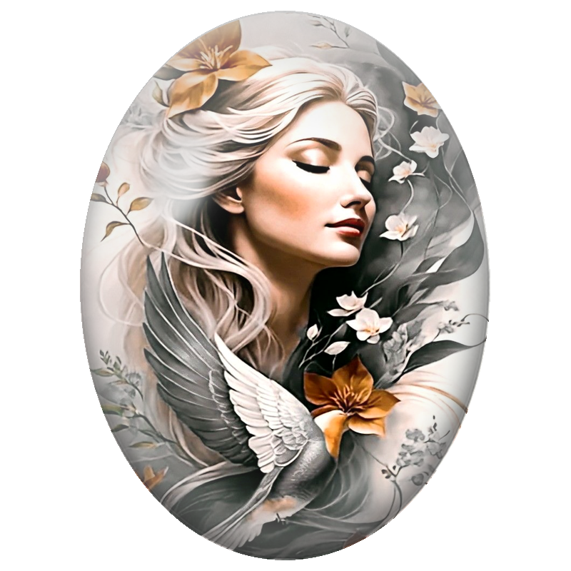 Cabochon en Verre Illustré Femme Blonde à l’Oiseau Argenté 13x18, 18x25 ou 30x40mm