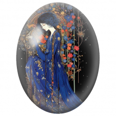 Cabochon en Verre Illustré Femme en Robe Bleue au Jardin Nocturne pour la Création de Bijoux Fantaisie - DIY