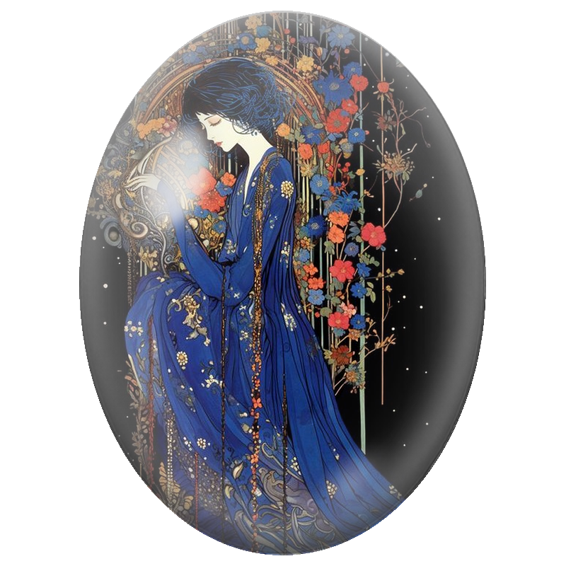 Cabochon en Verre Illustré Femme en Robe Bleue au Jardin Nocturne 13x18, 18x25 ou 30x40mm