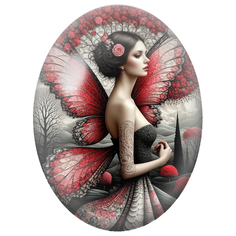 Cabochon en Verre Illustré Fée aux Ailes Roses dans un Jardin Sombre 13x18, 18x25 ou 30x40mm