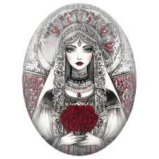 Cabochon en Verre Illustré Femme au Kokoshnik et Bouquet de Roses Rouges pour la Création de Bijoux Fantaisie - DIY