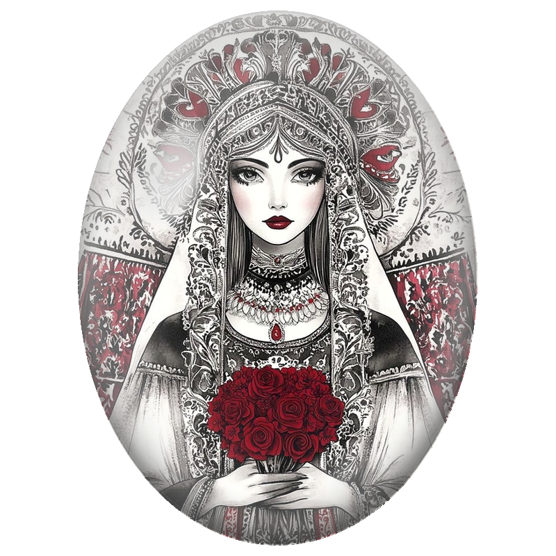 Cabochon en Verre Illustré Femme au Kokoshnik et Bouquet de Roses Rouges 13x18, 18x25 ou 30x40mm