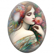 Cabochon en Verre Illustré Femme aux Fleurs façon Vitrail pour la Création de Bijoux Fantaisie - DIY