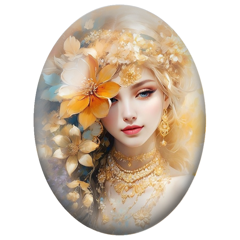 Cabochon en Verre Illustré Femme Blonde aux Fleurs Orange et Bijoux Dorés 13x18, 18x25 ou 30x40mm