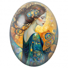 Cabochon en Verre Illustré Femme Art Nouveau aux Spirales Turquoise et Or pour la Création de Bijoux Fantaisie - DIY